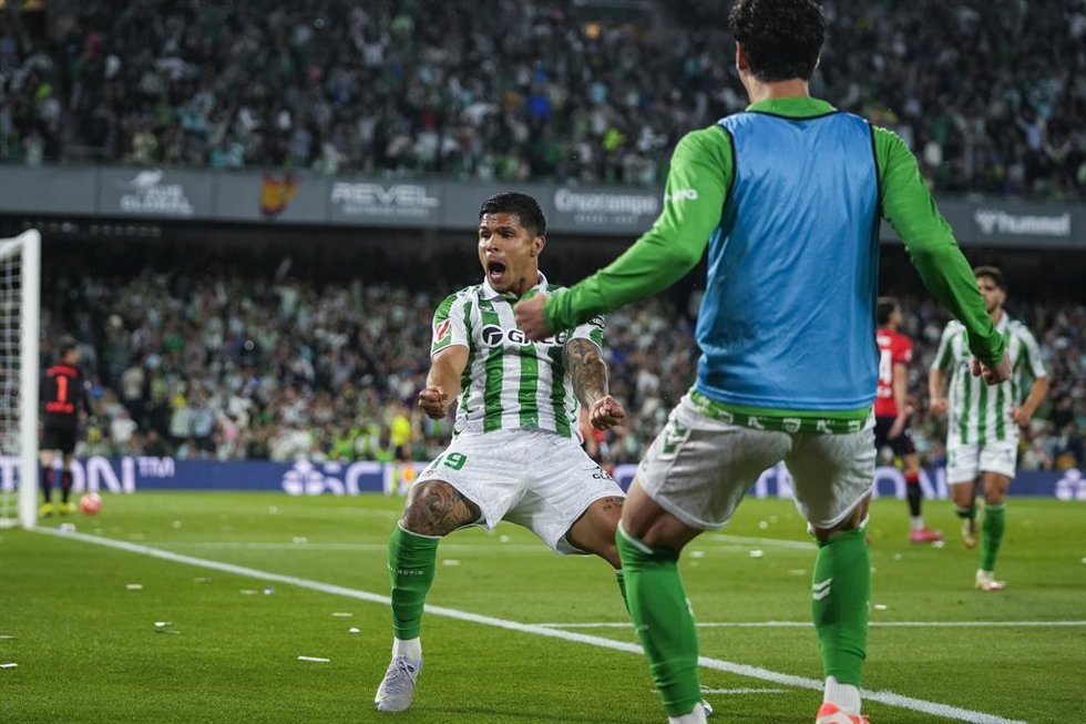 Cucho Hernandez of Real Betis celebrates a goal during the Spanish league, LaLiga EA Sports, football match played between Real Betis and CA Osasuna at Benito Villamarin stadium on May 11, 2025, in Sevilla, Spain.