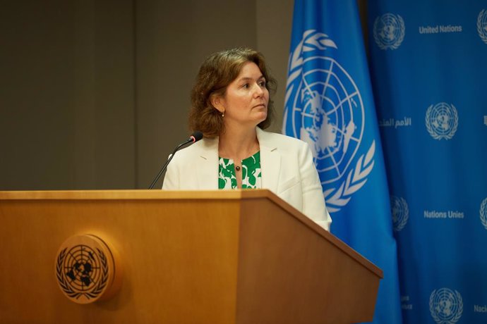 Archivo - July 5, 2024, New York, New York, USA: Stephaine Tremblay Associate Spokesperson for the Secretary-General holds press briefing with Mr. Dennis Zulu, Resident Coordinator for Jamaica and Mr. Simon Springett, Resident Coordinator for Barbados and