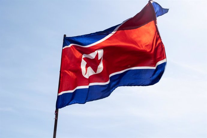 May 1, 2025, Copenhagen, Denmark: The national flag of the Democratic People's Republic of Korea (North Korea) seen duringÂ the celebration of International Workers' Day, also calledÂ Labour Day in FĂ¦lledparken.