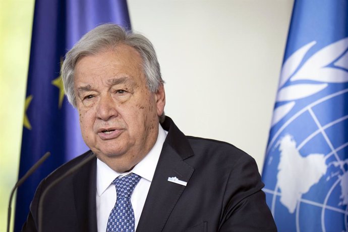 May 14, 2025, Berlin, Berlin, Deutschland: Antonio Guterres beim Empfang des Generalsekretärs der Vereinten Nationen zu einem gemeinsamen Gespräch mit dem Bundeskanzler mit anschlieÃendem Pressestatement im Bundeskanzleramt. Berlin, 14.05.2025