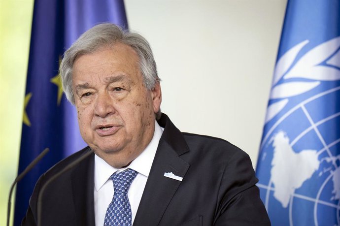 14 de maio de 2025, Berlim, Berlim, Alemanha: Antonio Guterres na recepção do Secretário-Geral das Nações Unidas para uma reunião conjunta com o Chanceler Federal, seguida de uma declaração à imprensa na Chancelaria Federal. Berlim, 14 de maio de 2025