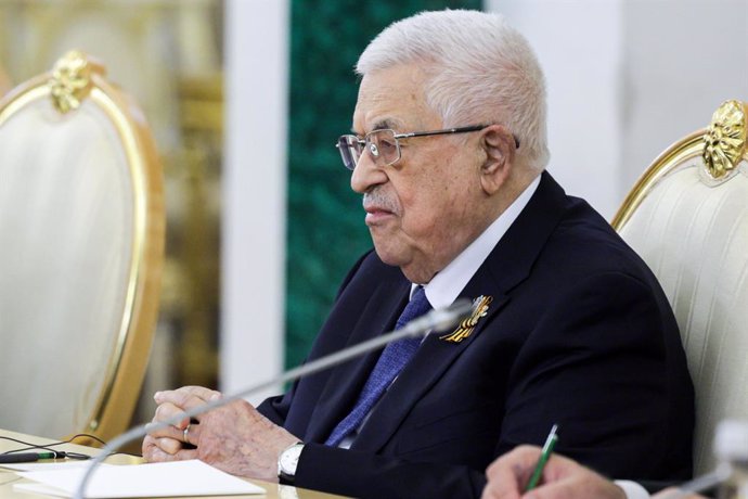 RUSSIA, MOSCOW - MAY 10, 2025: Mahmoud Abbas, President of Palestine, attends a meeting with Vladimir Putin, President of Russia, at the Moscow Kremlin