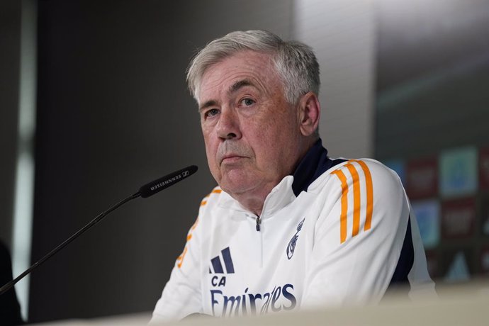 Carlo Ancelotti, head coach of Real Madrid, attends his press conference during the training day of Real Madrid ahead the Spanish League, LaLiga EA Sports, football match against RCD Mallorca at Ciudad Deportiva Real Madrid on May 13, 2025, in Valdebebas,
