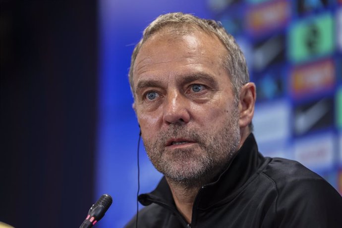 Hansi Flick, head coach of FC Barcelona attends his press conference during the training day of FC Barcelona ahead the Spanish League, La Liga EA Sports, football match against RCD Espanyol at Ciudad Esportiva Joan Gamper on May 14, 2025 in Sant Joan Desp