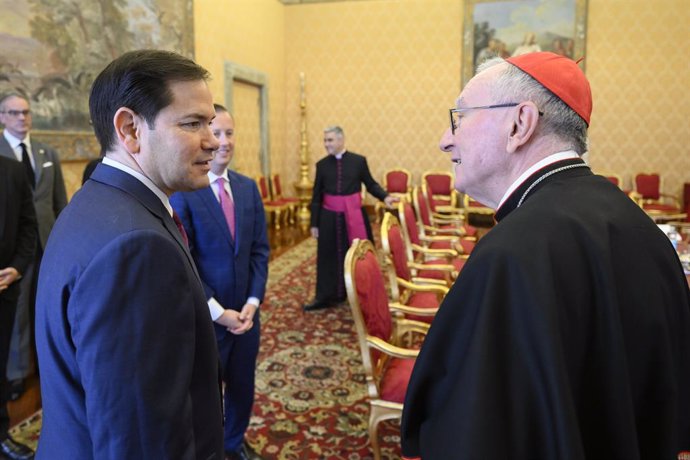 Vatican, VATICAN: Italy, Rome, .Vatican, May 17, 2025. U.S. Secretary of State Marco Rubio during a meeting with Vatican Secretary of State Cardinal Pietro Parolin in Vatican City.. Photograph by Vatican Media  / Catholic Press Photo RESTRICTED TO EDITORI