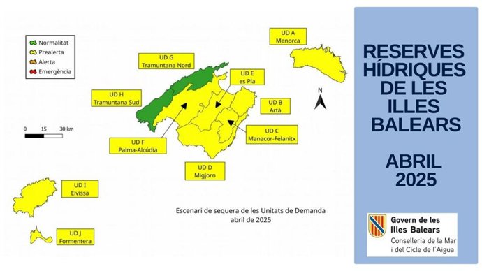 Mapa de las reservas hídricas de Baleares en abril de 2025