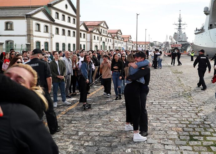 Chegada da fragata 'Álvaro de Baztán' ao peirao número 4 do Arsenal Militar de Ferrol, a 18 de maio de 2025, en Ferrol, A Coruña, Galicia (España). 