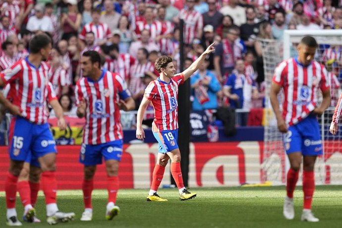Julian Alvarez of Atletico de Madrid celebrates a goal during the Spanish League, LaLiga EA Sports, football match played between Atletico de Madrid and Real Betis Balompie at Riyadh Air Metropolitano stadium on May 18, 2025, in Madrid, Spain.
