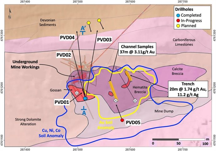 Figure 1 - Providencia Target - geology map showing the historical mine workings, drillholes and cross-section location (A-A’ - Figure 2).