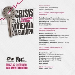 Cartel de las jornadas 'Crisis de la Vivienda en Europa' en las que participa la portavoz adjunta del grupo municipal Con Málaga, Toni Morillas