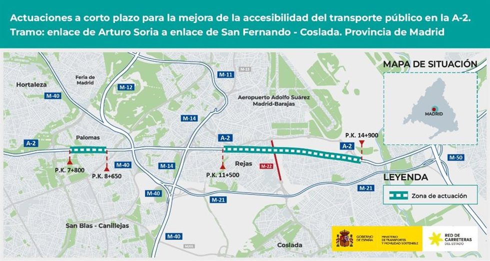 El Gobierno central licita obras en la entrada a Madrid por la A-2 para mejorar la movilidad del transporte público