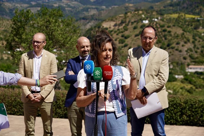 A Conselheira de Sustentabilidade e Meio Ambiente, Catalina García, fala com a mídia antes de participar da sessão de constituição da Plenária do Conselho de Participação da Área Natural Sierra de las Nieves. Em 19 de maio de 2025, em Tolox,