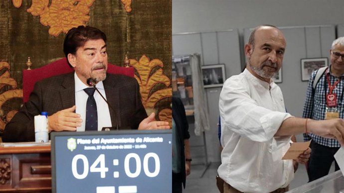 Archivo - El alcalde de Alicante, Luis Barcala (i), y el portavoz de EU-Podem, Manolo Copé (d)