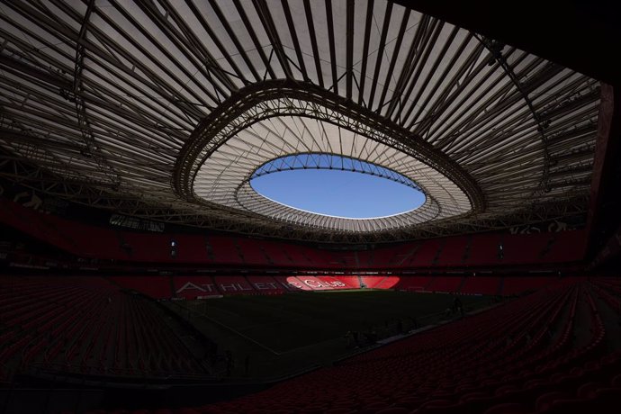 A general view of San Mames prior to the UEFA Europa League 2024/25 Semi Final First Leg match between Athletic Club and Manchester United at San Mames on May 1, 2025, in Bilbao, Spain.