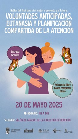 Cartel de la jornada de la ULE sobre eutanasia, cuidados y voluntades anticipadas.