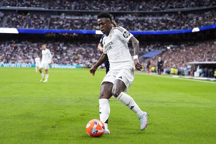 Vinicius Junior of Real Madrid in action during the Spanish League, LaLiga EA Sports, football match played between Real Madrid and RC Celta de Vigo at Santiago Bernabeu stadium on May 04, 2025 in Madrid, Spain.