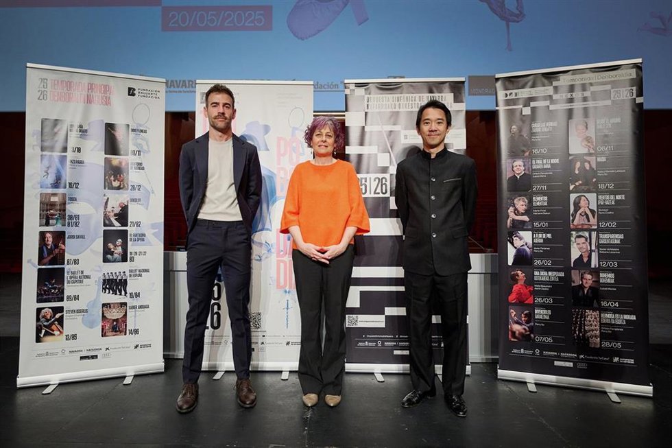 Rebeca Esnaola, consejera de Cultura, Turismo y Deporte del Gobierno de Navarra; Rubén Jauquicoa, director gerente de la Fundación y la OSN; y Perry So, director titular y artístico de la OSN.