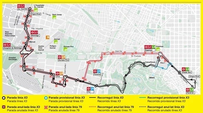 Recorrido de la nueva línea exprés de bus, ‘X3’, para conectar Paral·lel y L’Hospitalet de Llobregat