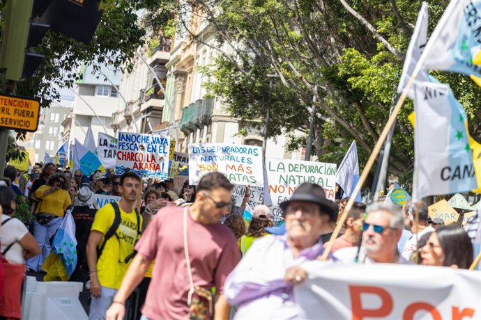 Decenas de personas durante una manifestación contra el turismo masivo en Tenerife