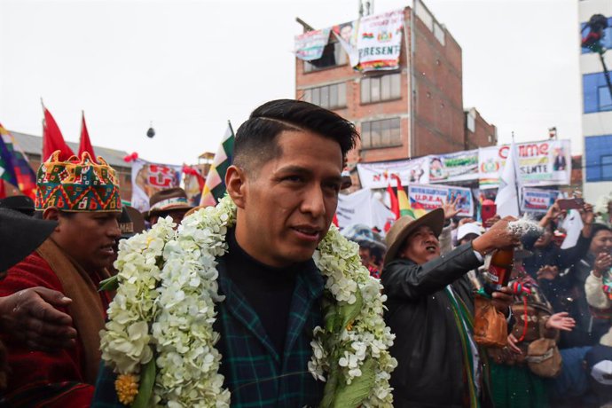 May 10, 2025, El Alto, La Paz, Bolivia: ANDRONICO RODRIGUEZ, president of the Bolivian Senate, proclaimed his presidential candidacy accompanied by Los Ponchos Rojos.