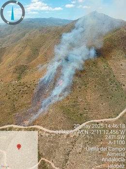 Vista aérea del incendio declarado en el término municipal de Uleila del Campo (Almería).