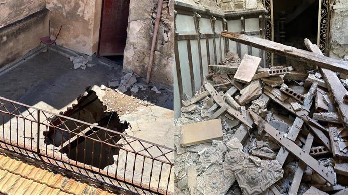 Derrumbe interior en el edificio de la antigua Banca Peral de Elche (Alicante)