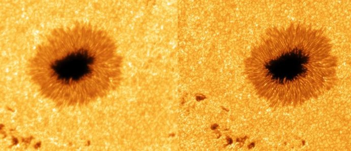 À esquerda: Extrato de uma imagem do Sol, tirada com o Tenerife Vacuum Tower Telescope. Direita: Imagem de alta resolução restaurada a partir de 100 exposições individuais capturadas com o novo sistema de câmera avançado.