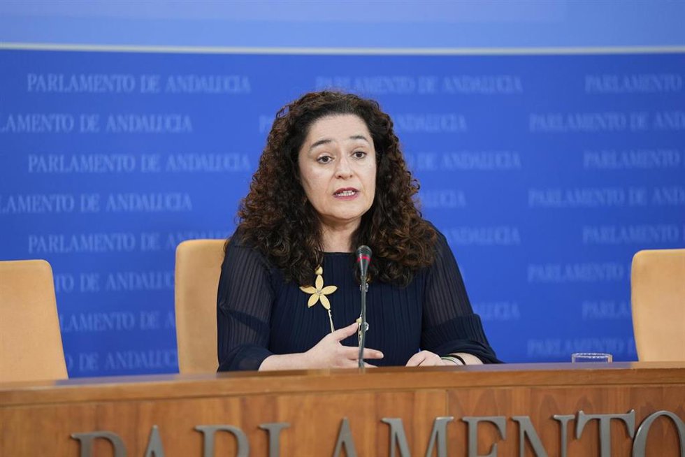 La portavoz del grupo Por Andalucía, Inma Nieto, en rueda de prensa en el Parlamento.