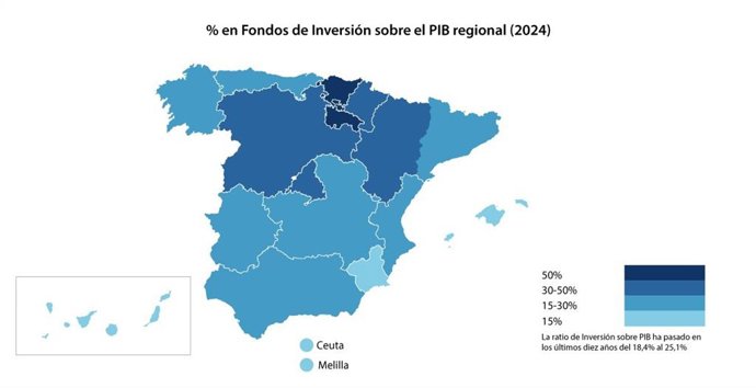 Observatorio Inverco - Porcentaje en Fondos de Inversión sobre el PIB regional (2024).