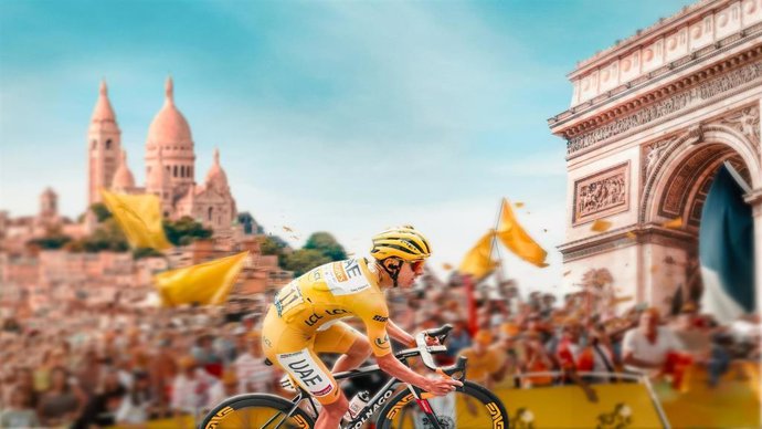 Imagen promocional, con un montaje de Tadej Pogacar vestido de amarillo, de la etapa final del Tour de Francia 2025