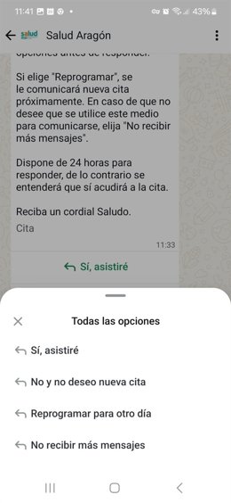 Ejemplo del mensaje de Whatsapp que recibirán los usuarios del Salud en relación a sus citas en consulta.