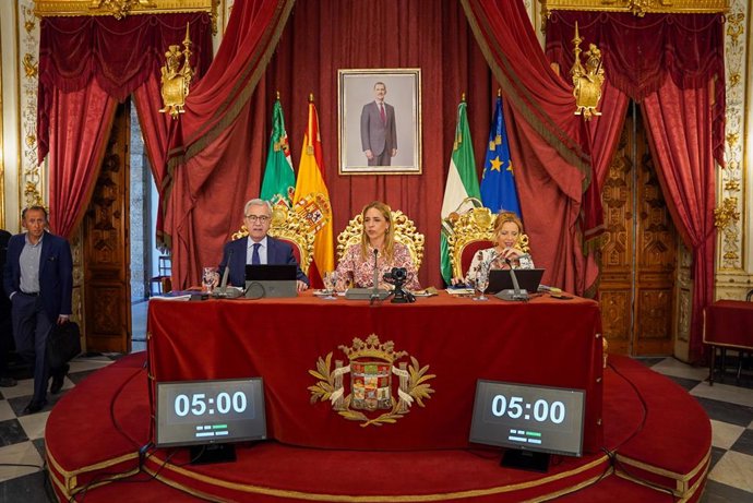 La presidenta de la Diputación de Cádiz, Almudena Martínez, en el pleno de la institución provincial.