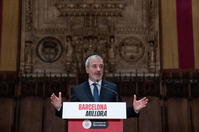 El alcalde de Barcelona, Jaume Collboni, hace balance de la acción del gobierno municipal de los primeros dos años de mandato, a 21 de mayo de 2025, en Barcelona, Catalunya (España).