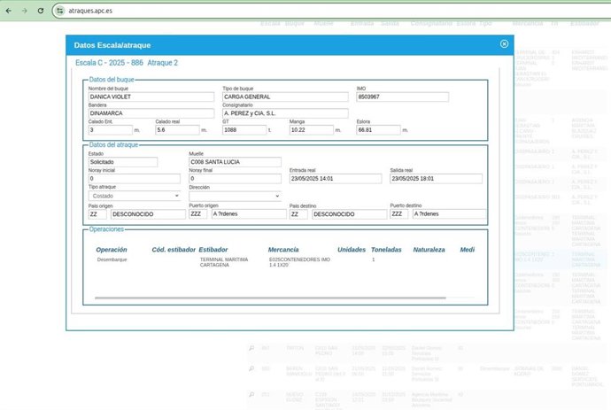 Imagen de los datos de la llegada del Danica Violet este viernes a Cartagena