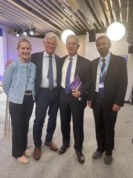 At WHA 2025, Laerdal Global Health and the WHO Foundation announced a US $12.5M commitment to expand Basic Emergency Care in Africa. From left: Ingrid Laerdal, Chief Impact Officer, LGH; Tore Laerdal, Founder, LGH; Thomas Zeltner, Chair, WHO Foundation; R