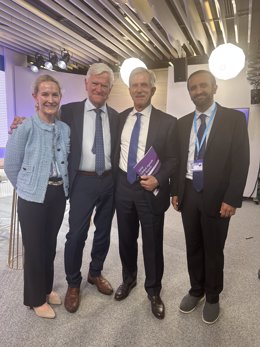 At WHA 2025, Laerdal Global Health and the WHO Foundation announced a US $12.5M commitment to expand Basic Emergency Care in Africa. From left: Ingrid Laerdal, Chief Impact Officer, LGH; Tore Laerdal, Founder, LGH; Thomas Zeltner, Chair, WHO Foundation; R
