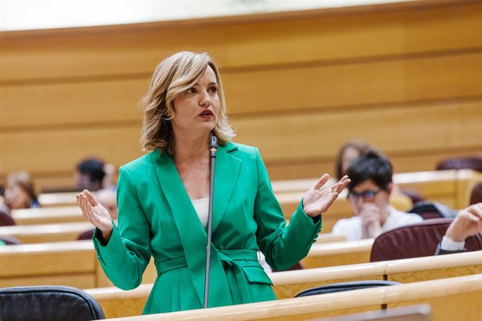 A ministra da Educação, Formação Profissional e Esporte e porta-voz do governo, Pilar Alegría, durante uma sessão de controle do governo no Senado em 20 de maio de 2025, em Madri (Espanha). O Partido Popular voltou a participar da sessão de controle do go