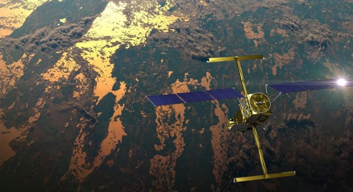 A SWOT é retratada em órbita nesta representação artística, com a luz do sol refletindo em um de seus painéis solares e as duas antenas de seu principal instrumento, o KaRIn (Ka-Band Radar Interferometer), estendidas.