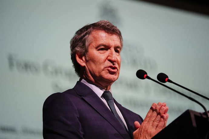 O presidente do PP, Alberto Núñez Feijóo, fala em uma mesa redonda durante o Foro Grupo Libertad y Democracia, no Ateneo de Madrid, em 21 de maio de 2025, em Madrid (Espanha).