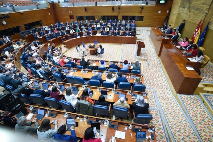 El hemiciclo de la Asamblea de Madrid durante un pleno de la Asamblea de Madrid, a 14 de mayo de 2025, en Madrid (España). 