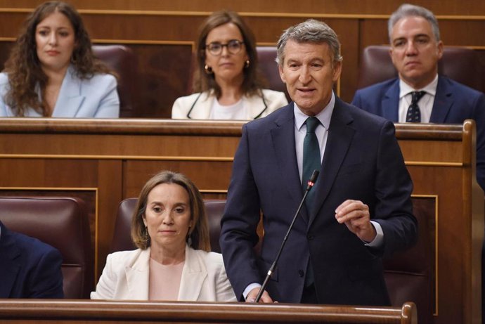 El lider de la oposición y presidente del PP, Alberto Núñez Feijóo, durante una sesión de control al Gobierno, en el Congreso de los Diputados, a 21 de mayo de 2025, en Madrid (España).