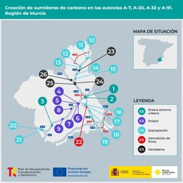 Mapa de creación de sumideros de carbono en las autovías A-7, A-30, A-33 y A-01