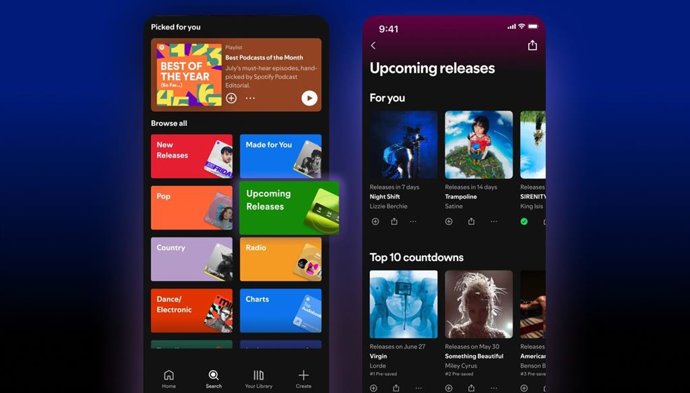 O novo hub de próximos lançamentos do Spotify.