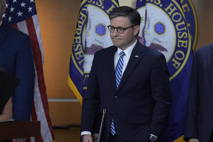 February 14, 2025, Washington, Dc, United States: US House Speaker, Mike Johnson speaks about Medicaid and Immigration policy during a press conference at HVC/Capitol Hill in Washington.