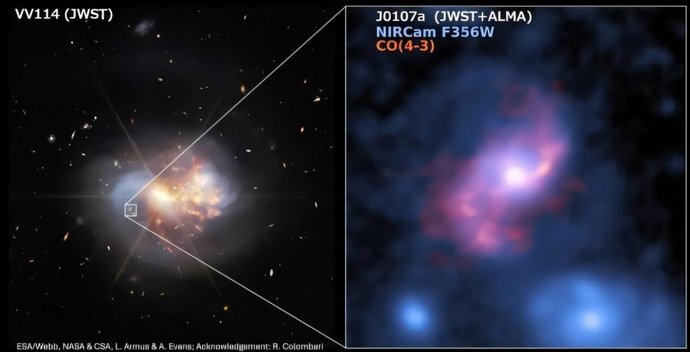 Esquerda: Imagem em infravermelho próximo de uma galáxia próxima VV114 e da monstruosa galáxia espiral barrada de fundo J0107a em z=2,433 capturada pelo Telescópio Espacial James Webb. Direita: A distribuição de gás estelar e molecular da J0107a.