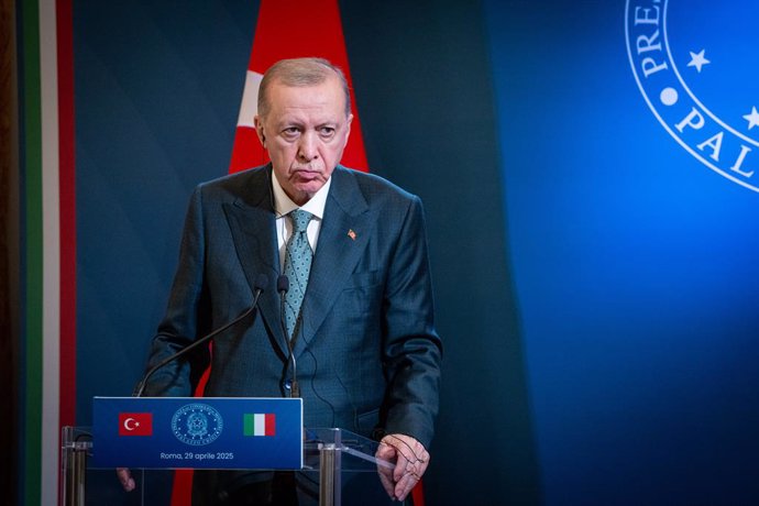 April 29, 2025, Rome, Italy: Turkish President Recep Tayyip Erdogan address the media during a joint press conference after the 4th Intergovernmental Summit between Turkiye and Italy at Villa Pamphilj in Rome.