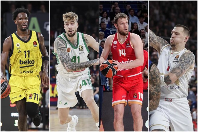 Nigel Hayes-Davis of Fenerbahçe, Juancho Hernangómez of Panathinaikos, Sasha Vezenkov of Olympiacos and Daniel Theis of AS Monaco in action during the Turkish Airlines Euroleague.