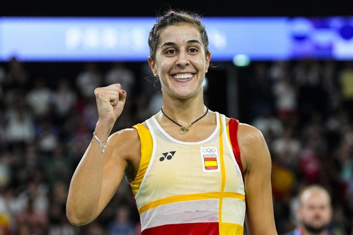Archivo - Carolina Marin, da Espanha, comemora a vitória contra Aya Ohori, do Japão, durante as quartas de final de simples feminino de badminton na quadra 1 da La Chapelle Arena, durante os Jogos Olímpicos de Paris 2024, em 3 de agosto de 2024, em Paris,