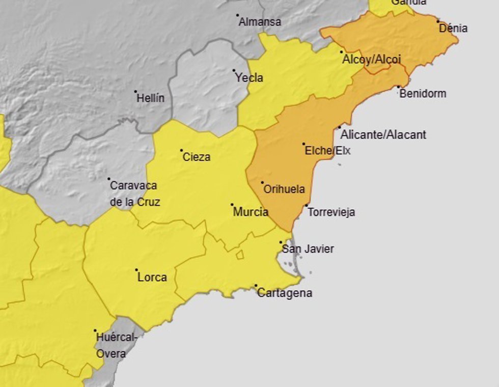 La Aemet amplía su aviso amarillo por lluvias en Vega del Segura, Guadalentín y Cartagena hasta las 18.00 horas