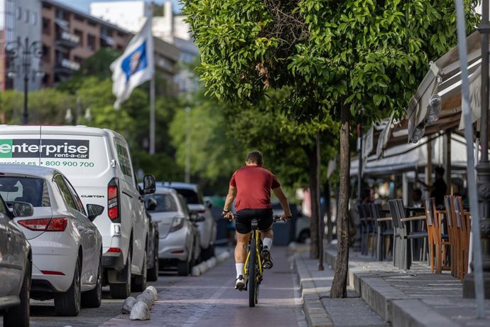 Ciudadano en bicicleta por un carril bici de Huelva.